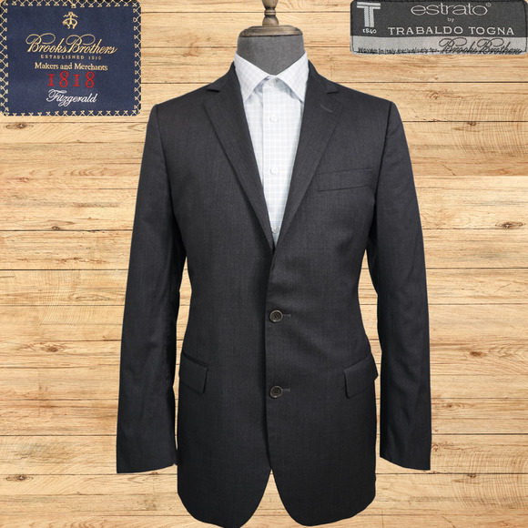 Brooks Brothers 1818 Fitzgerald X Estrato Mens 40L Charcoal Wool 2 Button USA - Picture 1 of 8